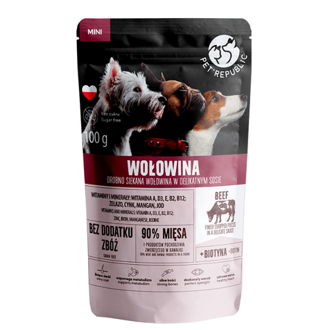 Pet Republic Wołowina, drobno siekane (shredowane) kawałki w delikatnym sosie, 100g.