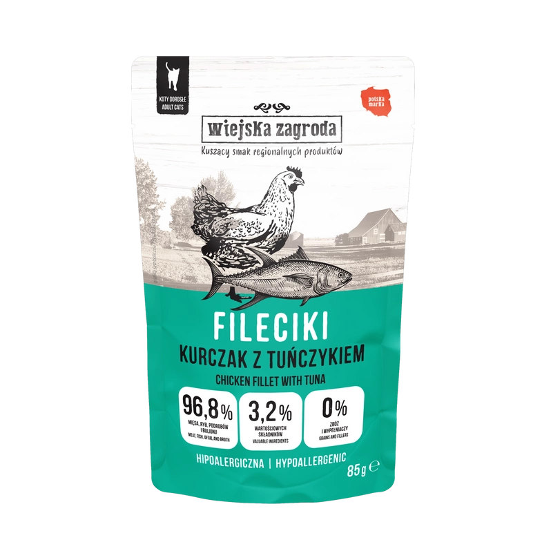 Wiejska Zagroda Karma mokra dla kota Fileciki Kurczak z tuńczykiem (dorosły) 85g