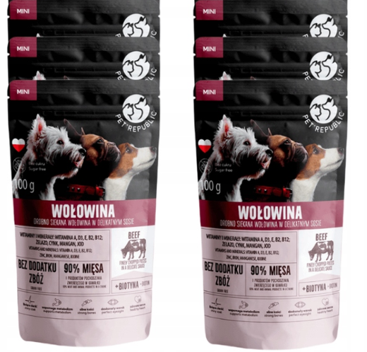 Zestaw 6x100g Pet Republic Wołowina, drobno siekane (shredowane) kawałki w delikatnym sosie,