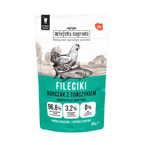 Wiejska Zagroda Karma mokra dla kota Fileciki Kurczak z tuńczykiem (dorosły) 85g