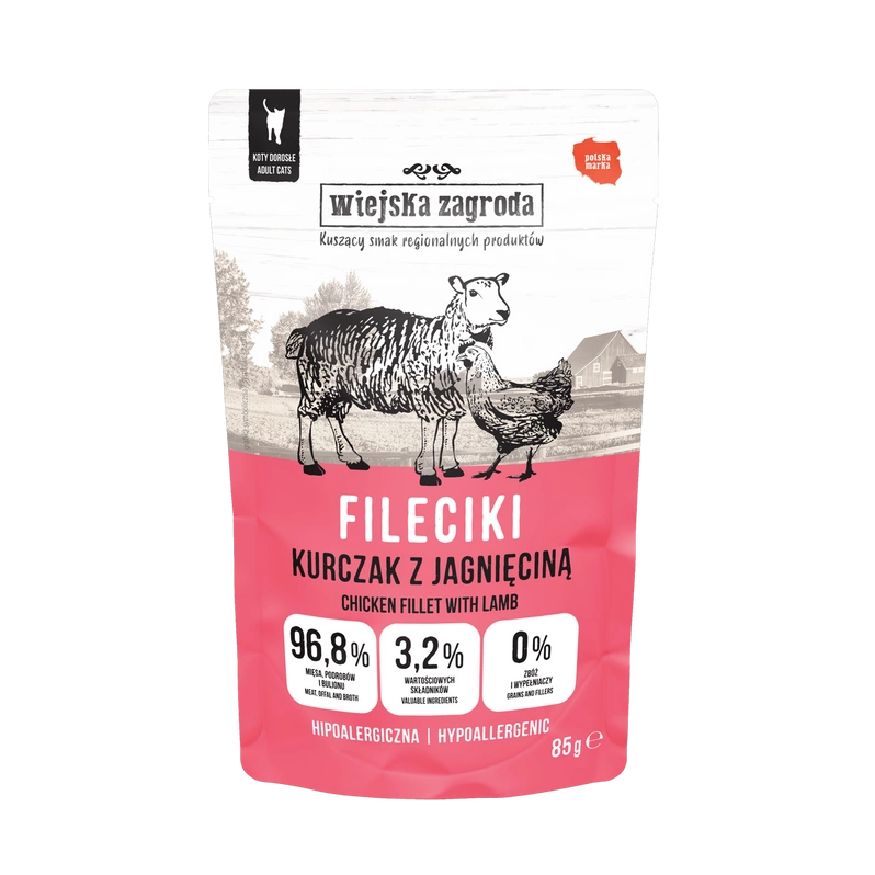 Wiejska Zagroda Karma mokra dla kota Fileciki Kurczak z jagnięciną (dorosły) 85g