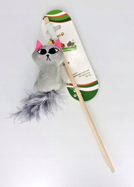 Yarro Wędka z pluszowym kotkiem i piórkami na gumce 35cm