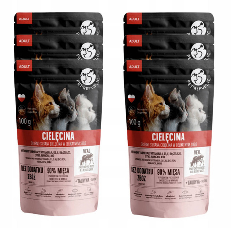 Zestaw 6x100g Pet Republic dla kota Cielęcina, krojone kawałki w delikatnym sosie, 100g
